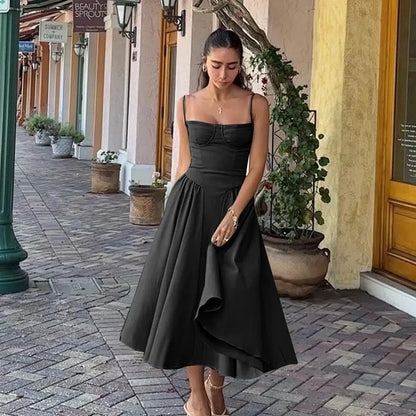 Women Elegant Sleeveless Backless Pleated Dresses Lady Sexy Solid Sling Midi Dress 2024 Female Party Evening A-line Robes