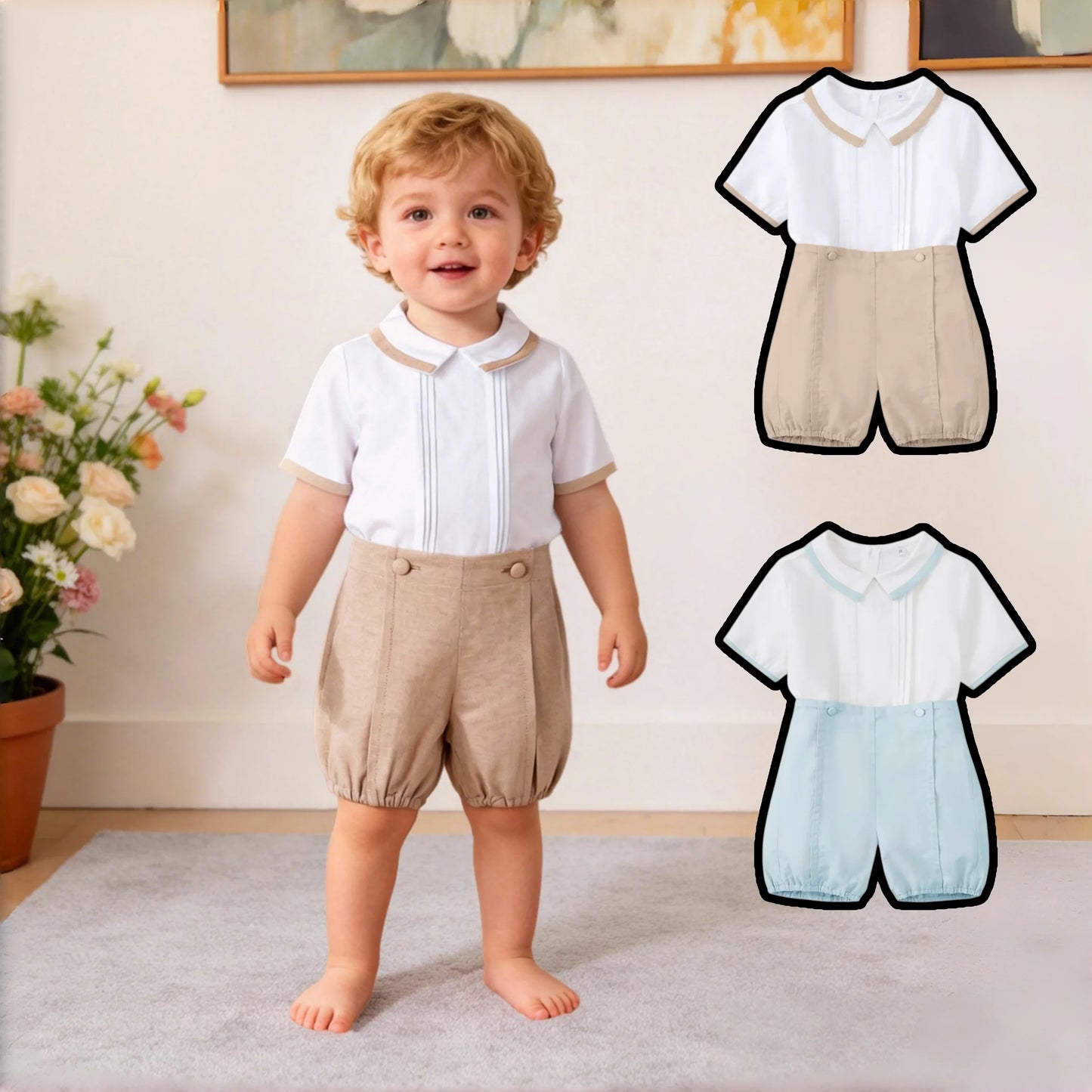 Gentleman Boys Summer Solid 2 Pieces Sets 9 12 18 24 36 Months Toddler Birthday Wedding Outfit Soft Cotton Infant Clothes