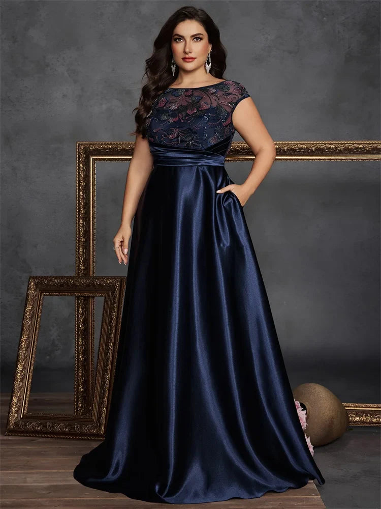 Plus Size O-neck Elegant Sequins Splicing Evening Dresses Luxury Sleeveless Satin Wedding Party Prom Cocktail Gowns