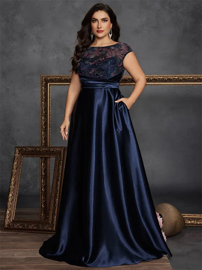 Plus Size O-neck Elegant Sequins Splicing Evening Dresses Luxury Sleeveless Satin Wedding Party Prom Cocktail Gowns