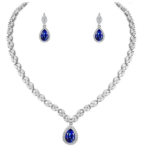 High Quality Assorted Colors Pear Cut Cubic Zirconia Wedding Bridal Necklace Jewelry Set