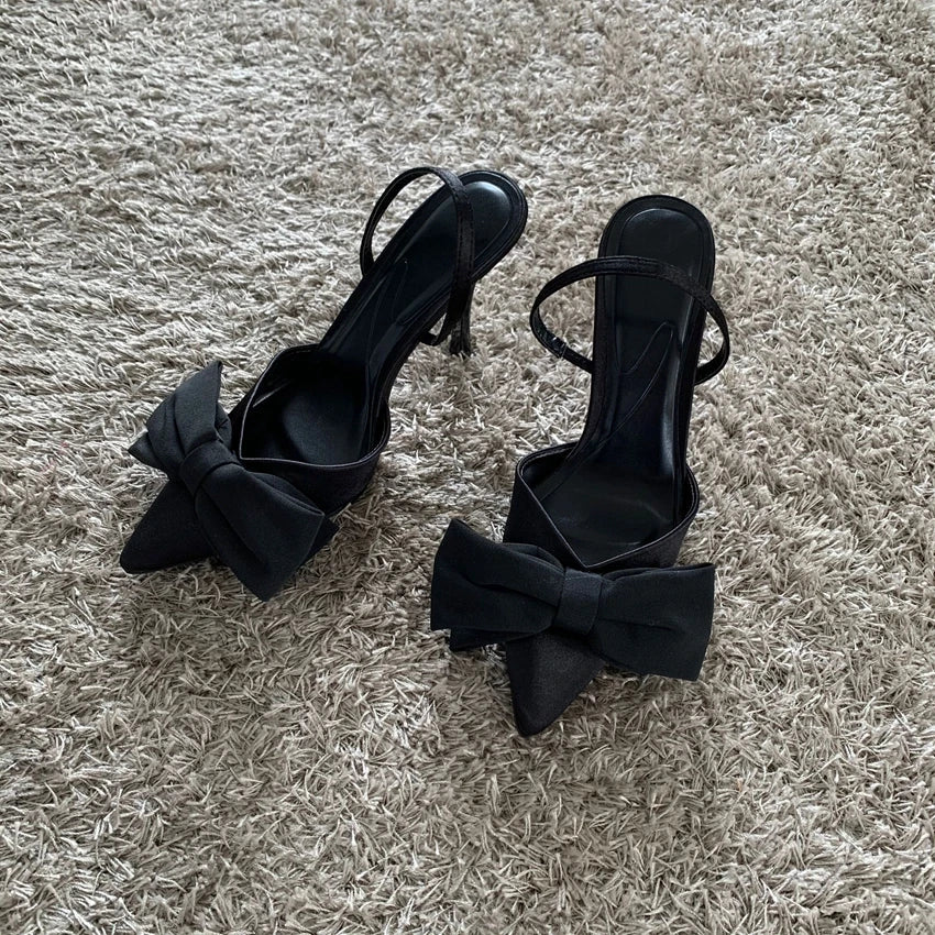 Black Butterfly-knot Stiletto Pumps 2025 Women Pointed Slingbacks High Heels New Sexy Fashion Party Lady Sandals Shoes