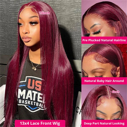 99J Burgundy  Straight Lace Front Human Hair Wigs 13x4 13x6 HD Transparent Full Lace Frontal Wig 200 Density Straight Hair Wigs
