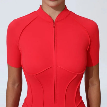 Zipper Short-sleeved Yoga Sports Fitness Jumpsuits Sets Without Chest Pad Tight Bodysuits Shorts Gym Workout Clothes for Women