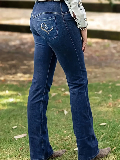 High-Waisted Embroidered Flare Jeans - Stretch Denim Bell Bottoms