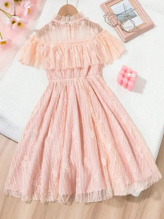 Korean fashion lace, solid color princess dress, slightly elastic, children's slim fit, popular style
