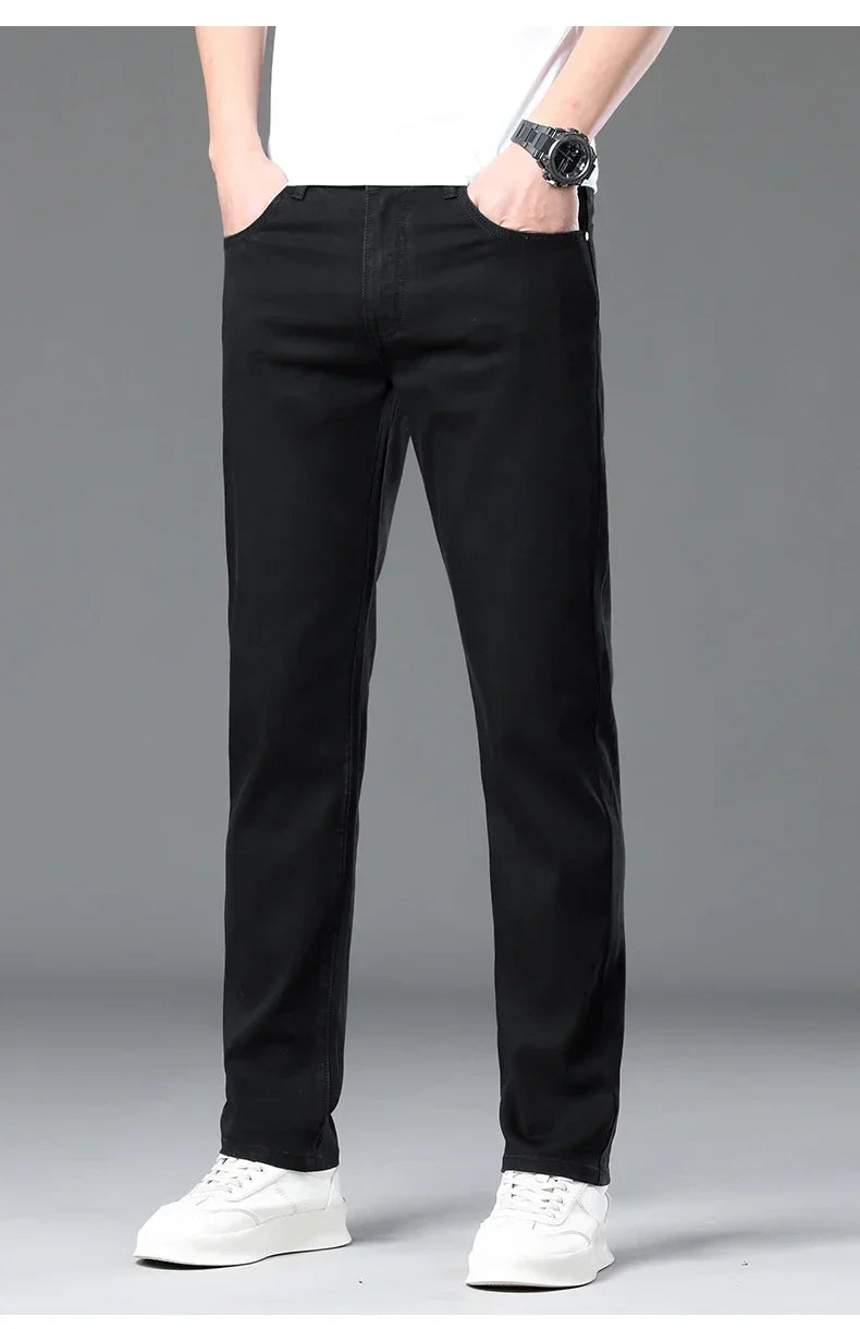 Summer Lyocell Ultra-thin Jeans Men Straight Stretch Breathable Denim Pants Fashion Business Casual Male Trousers Black Gray