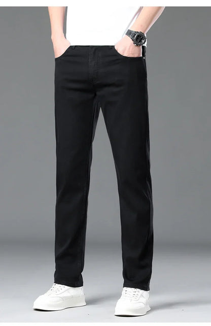 Summer Lyocell Ultra-thin Jeans Men Straight Stretch Breathable Denim Pants Fashion Business Casual Male Trousers Black Gray