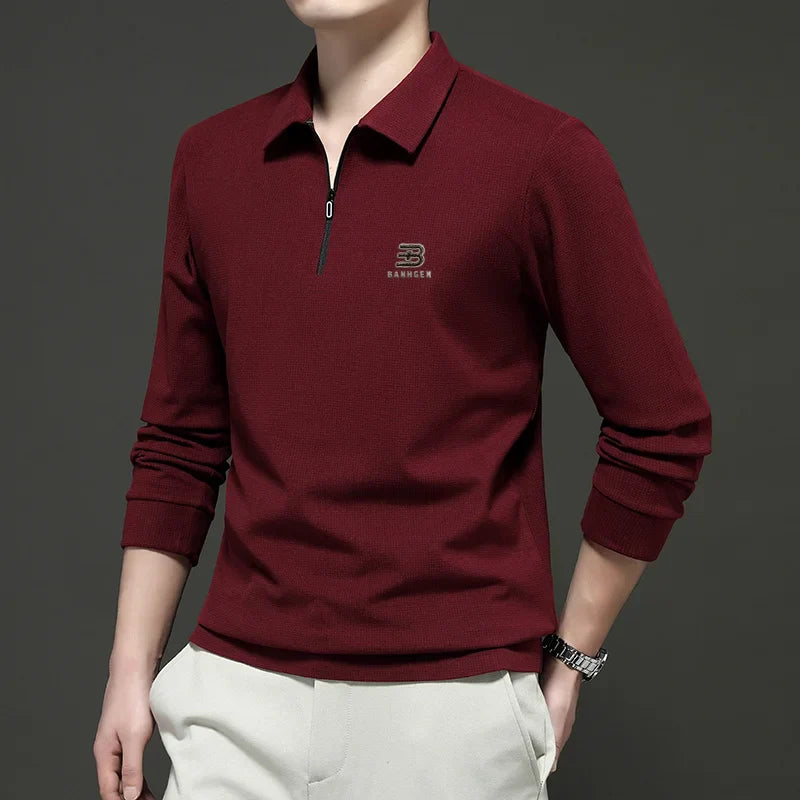 High Quality Polo Shirtspring and Autumn Long Sleeved Men's T-shirt Printed Pattern New Business Casual Solid Color Loos T-shirt