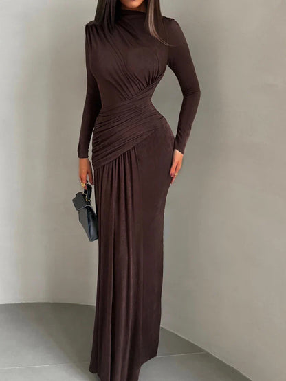 Folds Maxi Dress Women o-Neck Full Sleeve Solid Banquet Elegant Vacation Fashion Autumn Skinny Casual Simple Vestidos