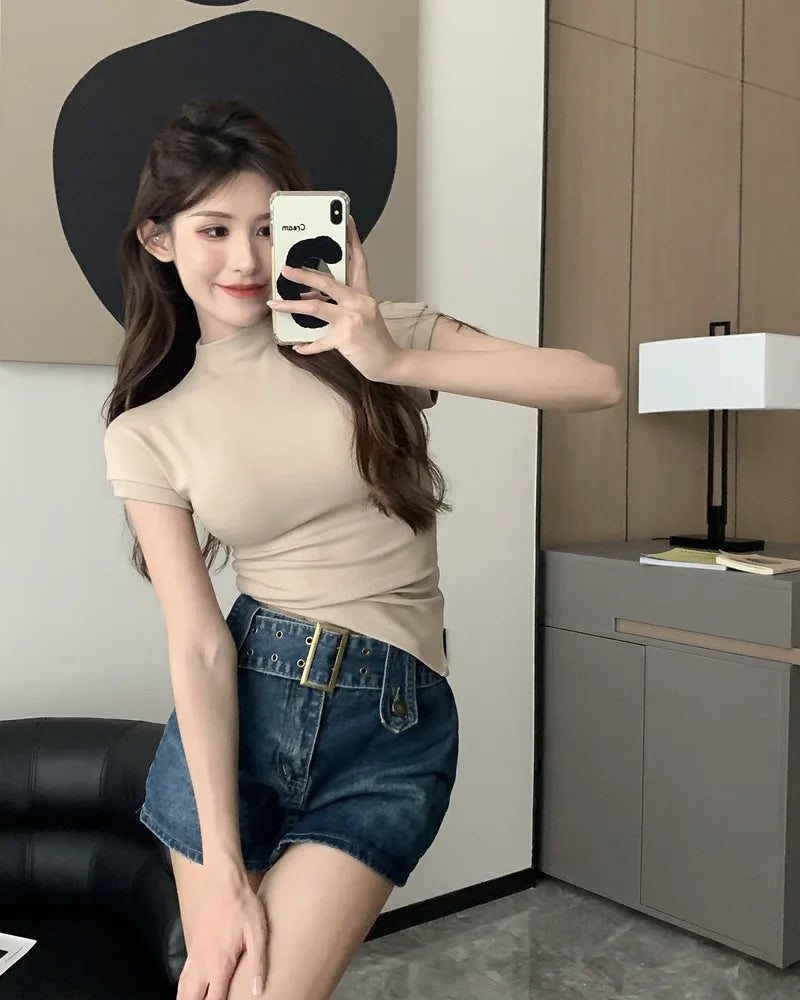 1pcs Girls Summer Solid T-shirts Womens Classic Basic Fashion Tees New Students Short Sleeve Slim Tops Females Mock Neck Tshirts
