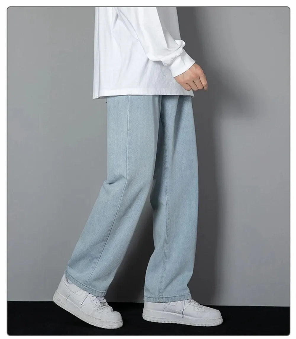 Korean Solid Colors Men's Casual Long Jeans Classic Man Four Seasons Straight Denim Wide-leg Pants Light Blue Grey Black 3XL