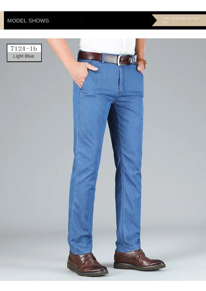 2026 Brand High Lyocell  Men's Fit Straight Lightweight Cotton Stretch Denim Business Casual High Waist Thin Light Grey Jeans