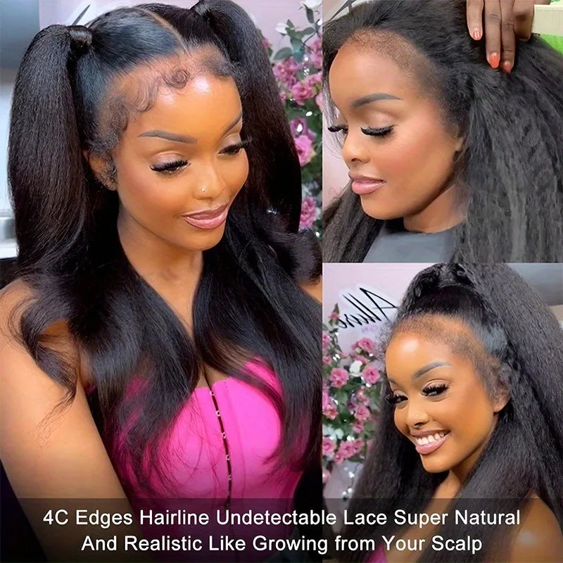 250% Density Human Hair Wig Kinky Straight Yaki Texture Pre Plucked 13x4 and 5x5 Glueless HD Lace Front Designed for Black Women