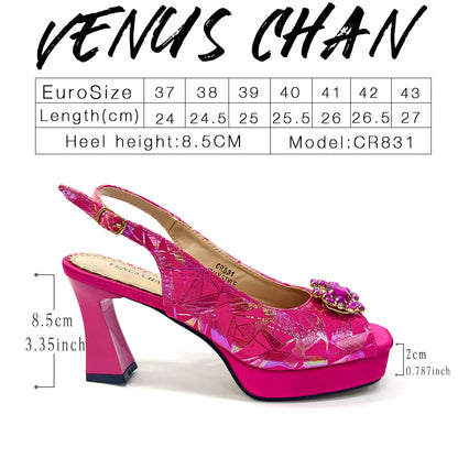 Elegant Women Heels for Peep Toe Good Material Design Rhinestone Fuchsia Sandals Italian Shoes and Bags Matching Set 2025