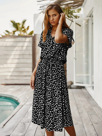 Vintage Floral Print Dress Women Boho Short Sleeve Long Dress Turn Down Collar Casual Waistband Shirt Dresses Robe 2021 Summer