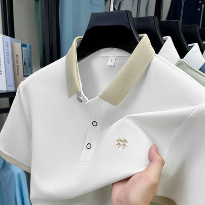 Designer brand silk cotton short sleeve polo shirt summer new Korean casual men's T-shirt fashion embossed soft breathable top