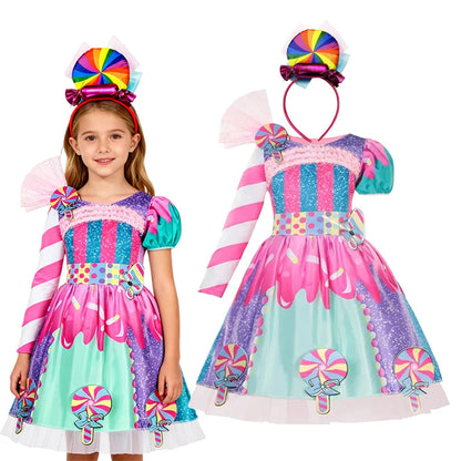 2026 Kids Purim Disguise Rainbow Candy Dress With Headband Lollipop Cosplay Costume Children Dress Birthday Carnival Party Gift
