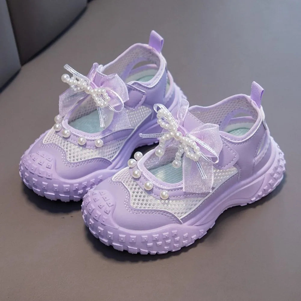 Girls Sports Sandals Sweet Lace Bows Beading Kids Casual Shoes Mesh Breathable Soft 2026 Summer New Children Princess Sandals