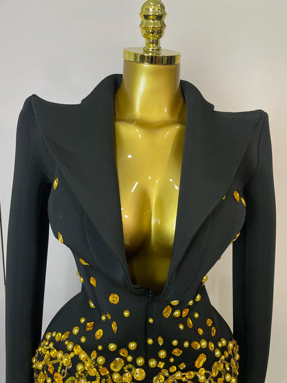 Crystal Chains Pearls Long Sleeve Mini Dress 2025 Women Birthday Evening Party Nightclub Outfit Singer Wedding Costume