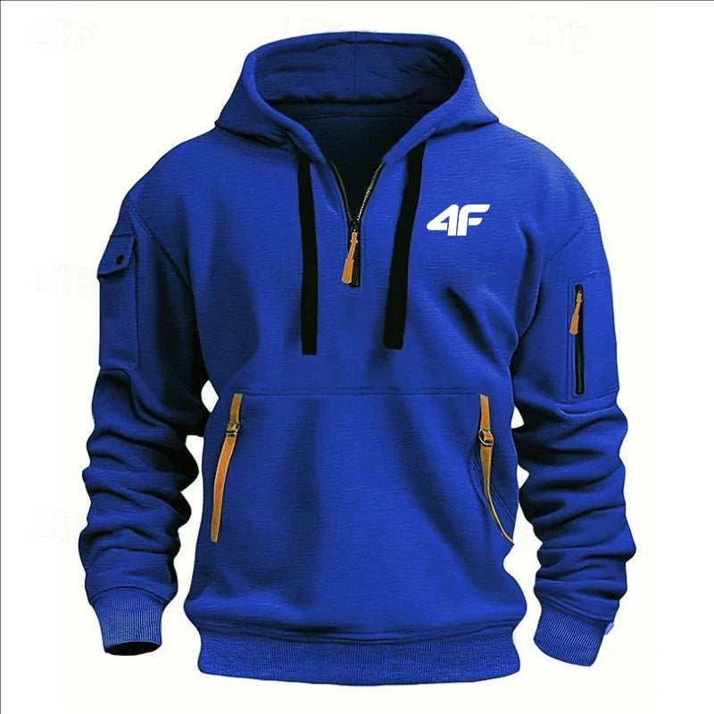 Men's hooded sweater casual sports jumper vintage Harajuku long sleeve zipper multi-pocket casual loose coat Street