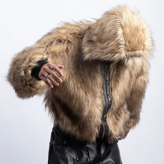 American Style Men's Padded Jackets PU Leather Reversible Faux Fur Fleece Thickened Solid Color Loose Male Coats Tide 9W161