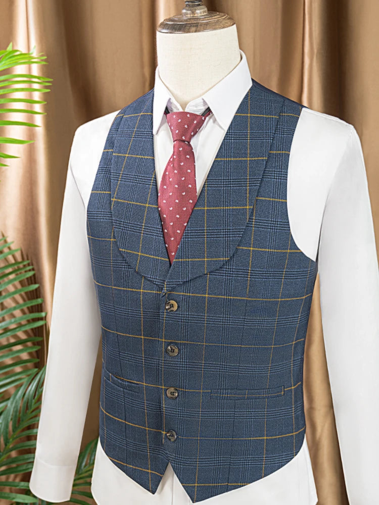 Dark blue 3 Piece Checkered Suit Set  Stylish Business Office Wedding Formal Outfit Elegant full man suit