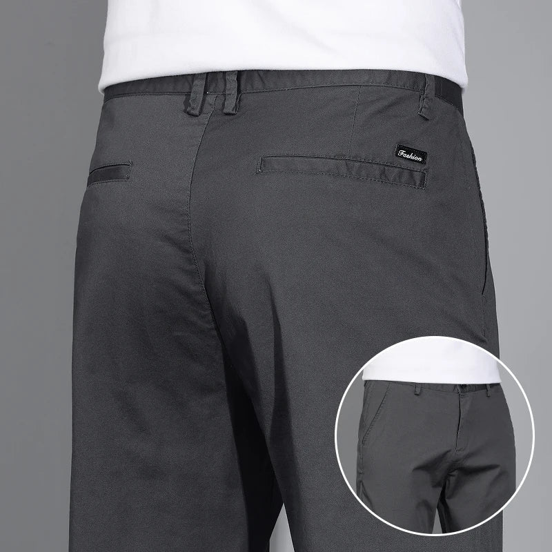 New Men's Business Cotton Thin Straight Pants Casual Elastic Slim Comfortable Male Brand Trousers Black Gray Khaki Royal Blue