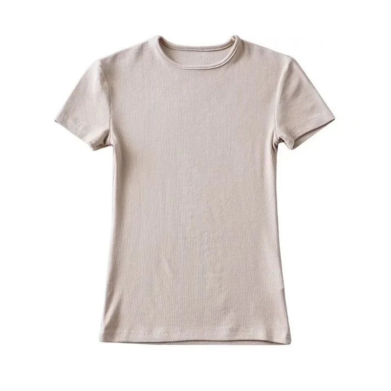 Casual Summer Woman Skinny Fit T-shirt Tight Short-Sleeve O-neck Tee Basic Solid Crop Tops T Shirt