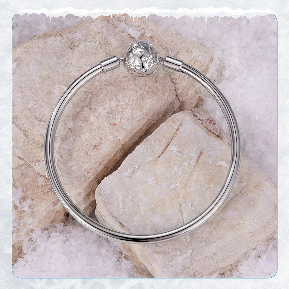 925 Sterling Silver Ice Flower Charm Bangle & Bracelet Glossy Basic Wrist Bangle for Women Pendant Beads DIY Xmas Jewelry