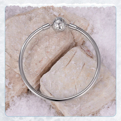 925 Sterling Silver Ice Flower Charm Bangle & Bracelet Glossy Basic Wrist Bangle for Women Pendant Beads DIY Xmas Jewelry