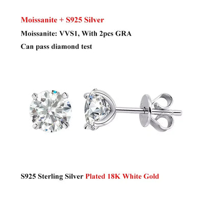 4 Prong 0.2-2CT Moissanite Stud Earrings D Color For Women Men S925 Silver Plated 18k Party Wedding Diamond Earring GRA