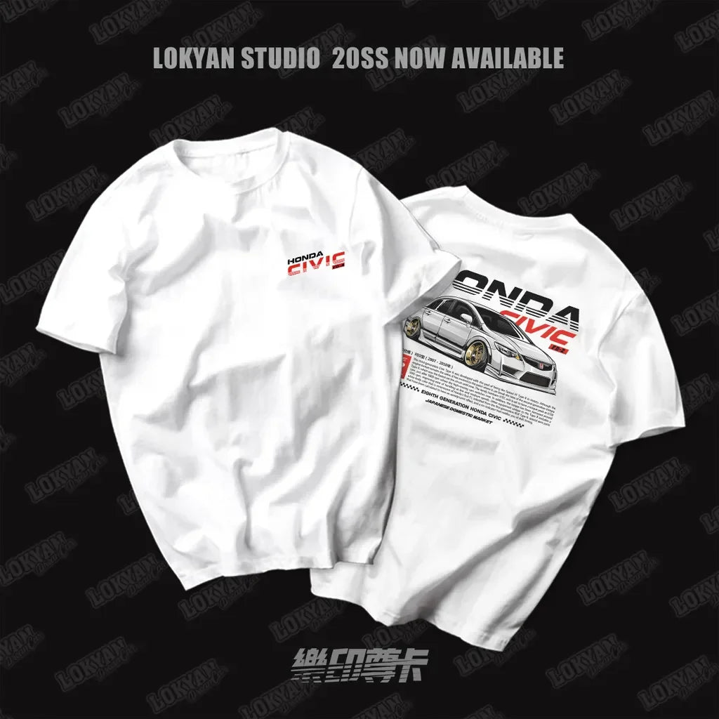 Civic Type R JDM Car T Shirt Racing Graphic Tee Men 100% Cotton Streetwear Back Print Top