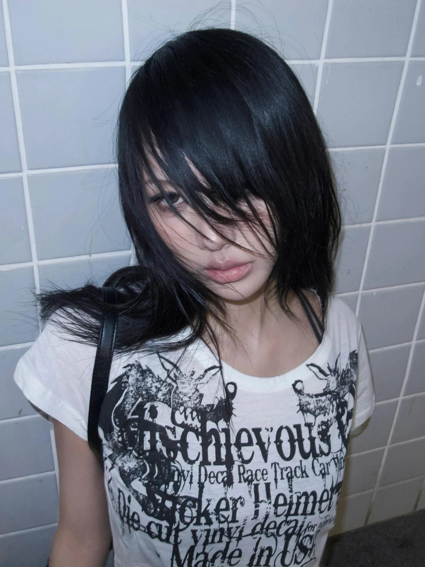 Japanese Y2k Letter Print T-shirt Trashy 2000s Style Tattoo T Shirt Vintage Harajuku Short Sleeve Sheer Tops Grunge Goth