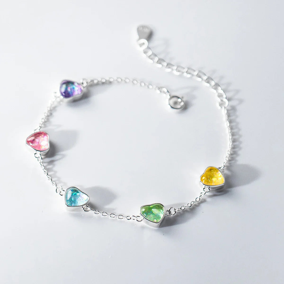925 Sterling Silver Heart To Heart Colorful Shining CZ Bracelet Adjustable Chain Link For Women Valentine's Day Gifts