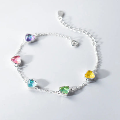 925 Sterling Silver Heart To Heart Colorful Shining CZ Bracelet Adjustable Chain Link For Women Valentine's Day Gifts