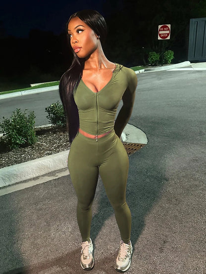Casual Women 2 Piece Set Classic Tracksuits Solid Long Sleeve Zip-up Hood Tops+Slim Elastic Pants Sporty Concise Outfits