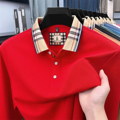 Men's Plaid Long Sleeve Polo Shirt Autumn Winter Casual Office Outdoor Fashion Top Commercial Collar Trendy Men's Clothing