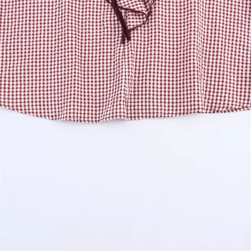 Elegant Fashion Chidori Plaid Ruffles Chiffon Shirt Spring 2025 Ruffled Neck Long Butterfly Sleeve Loose Tops Women's Clothing