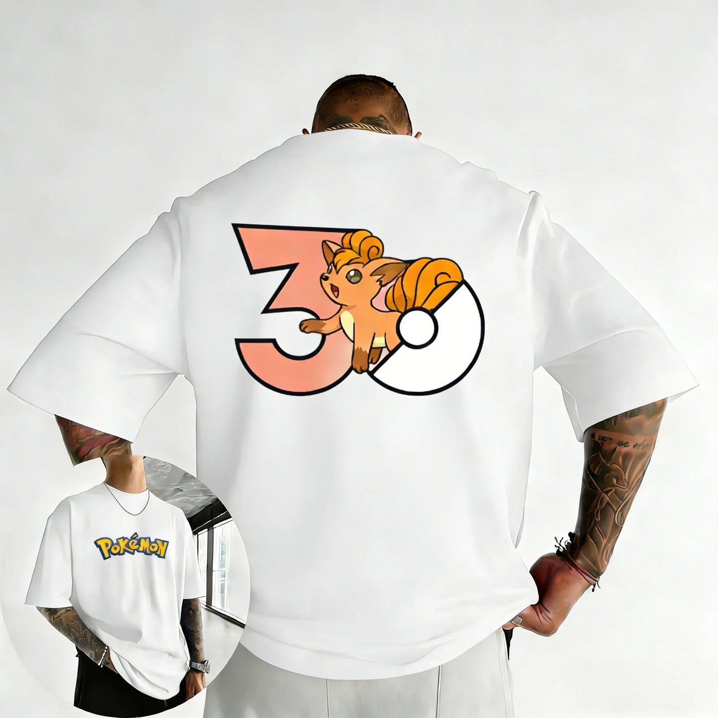 30th Anniversary Vulpix Printed T-shirt Summer New Men's and Women's Loose Casual Hip Hop Trendy Short Sleeve Top