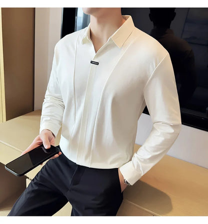Stitching Special V-neck Long-Sleeved Polo Shirt, Men's High-Grade Elasticity Traceless Lapel T-shirt, Royal Blue Seamless Top
