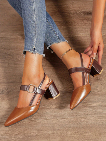 Women's Pointed Toe Block High Heel Sandals, Fashion Solid Color Slingback Shoes, Versatile Mid Heels