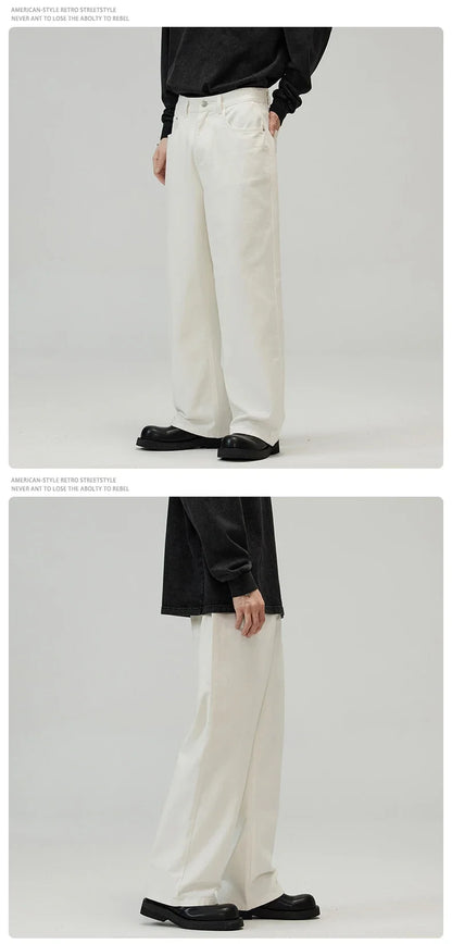 100％ Cotton Men's Baggy Straight Jeans Comfortable Soft Casual Pants Fashion Korean White Brown Denim Trousers Male Clothing