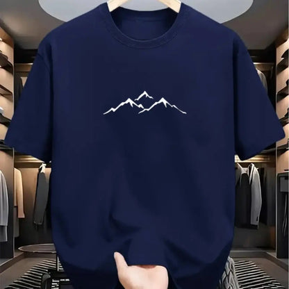 Men's summer 100% pure cotton fashionable casual loose sports mountain pattern printed round neck short sleeved T-shirt top