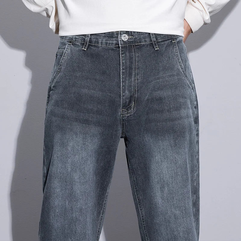 New Men's Micro Elastic Wide Leg Jeans American Retro Versatile Loose Fit Long Pants for All Seasons