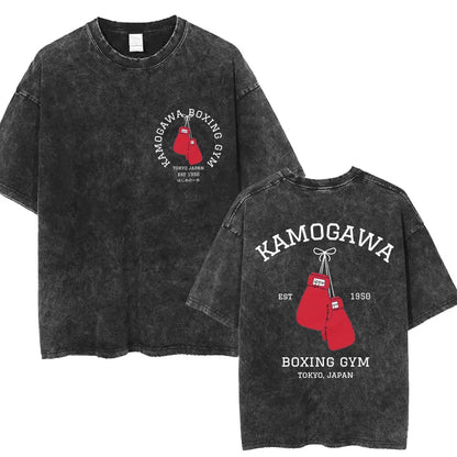 Anime Hajime No Ippo Washed Vintage T-shirt Kamogawa Boxing Gym Harajuku T-shirts Makunouchi Takamura KGB Loose Cotton T Shirt