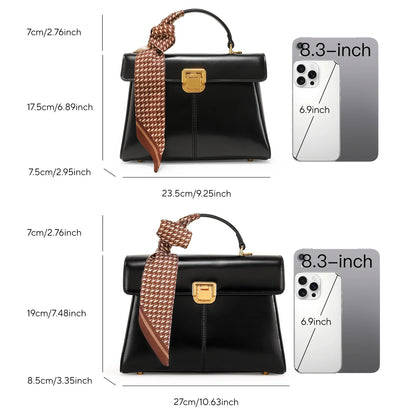 Genuine Leather Handbag with Scarf | Luxury Designer Trendy Shoulder Bag Solid Color Commuting Bag | bags for women gift