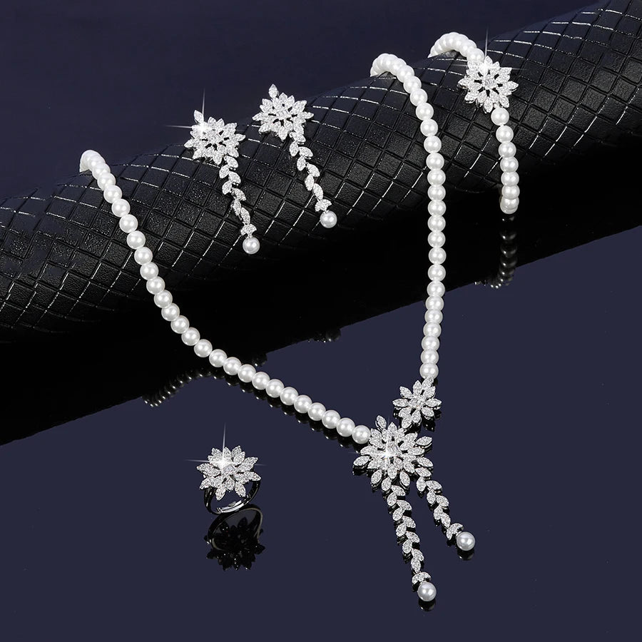 New Trendy Pearl Tassel 40cm Necklace Earring 4PCS Jewelry Set For Women Wedding Party Full Zircon Dubai Bridal Jewelry Set Gift