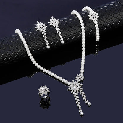 New Trendy Pearl Tassel 40cm Necklace Earring 4PCS Jewelry Set For Women Wedding Party Full Zircon Dubai Bridal Jewelry Set Gift