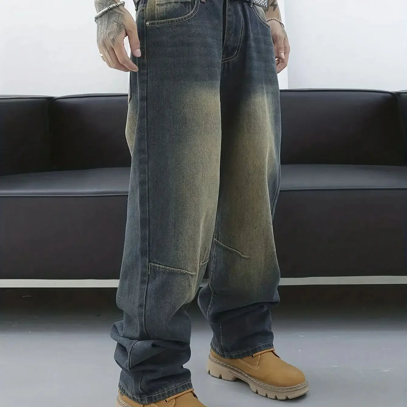 Vintage Men Y2k Baggy Denim Jeans for Men Fashion Casual Pants Streetwear Denim Hip Hop Wide-Leg Straight Casual Trousers